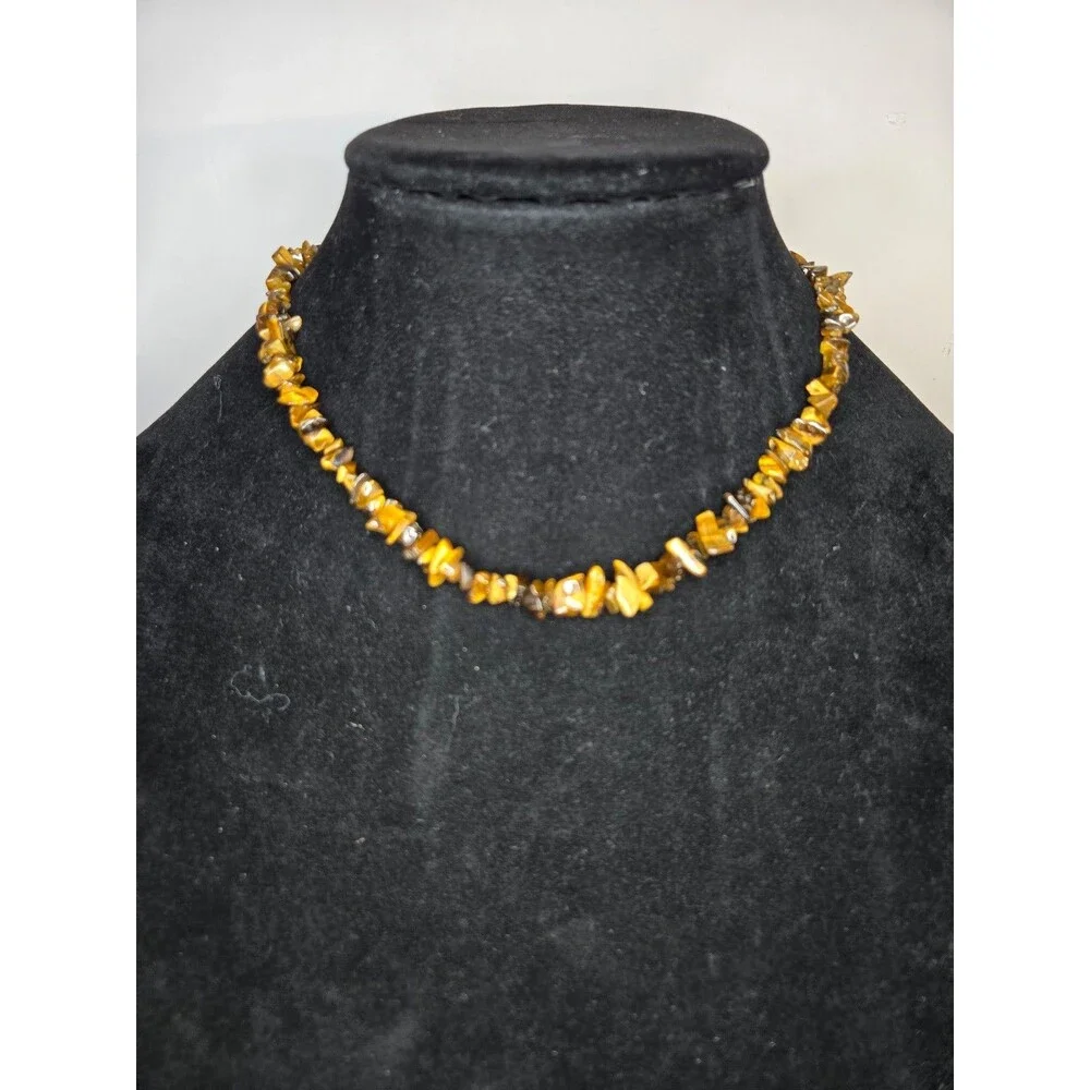 Tiger's Eye Chip Necklace Gold Tone Barrel Clasp